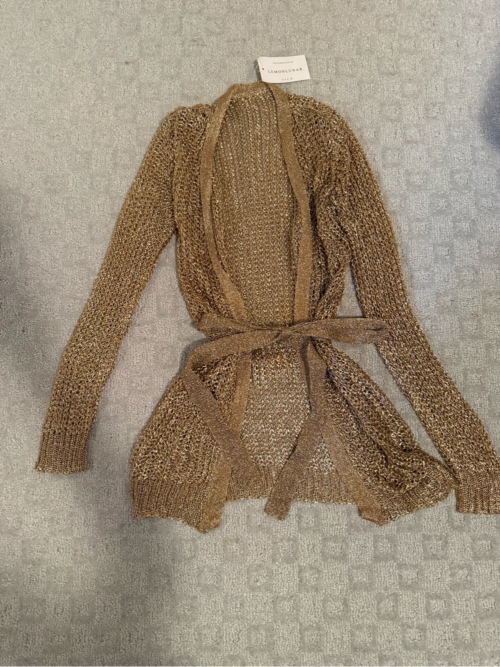 Lightweight Metallic Rose Gold Belted Open-Knit Cardigan